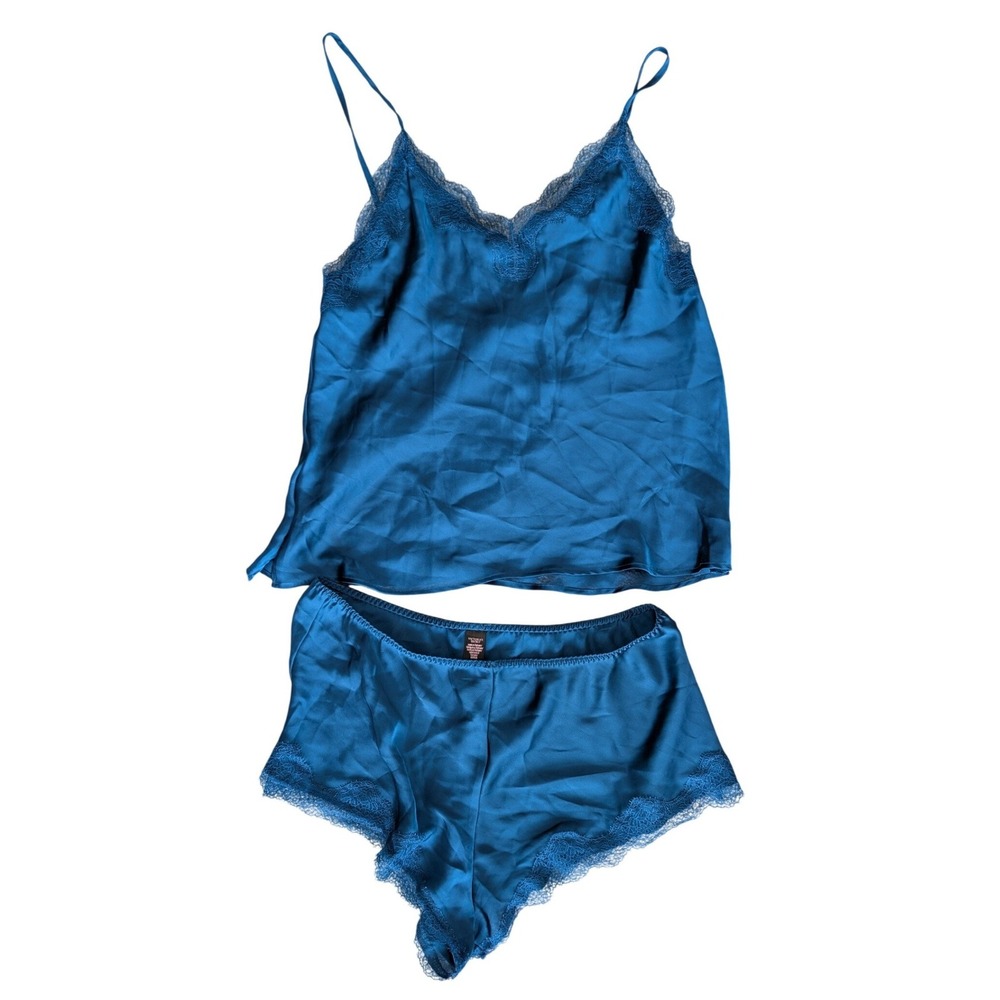 Victoria's Secret Medium Blue Sating Tank Shorts Set Sleepwear Pajamas Lace